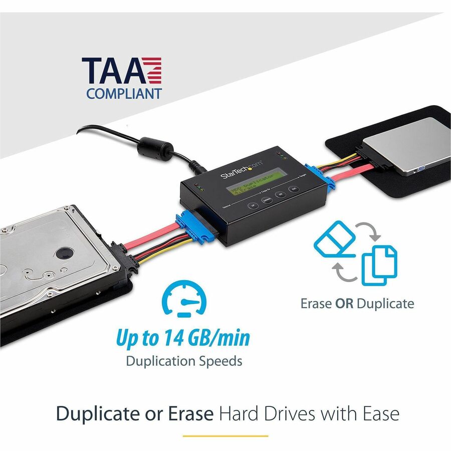 Alternate-Image1 Image for StarTech 1:1 Standalone Hard Drive Duplicator & Eraser, SATA HDD / SSD Disk Cloner / Copier / Wiper / Sanitizer, TAA Compliant
