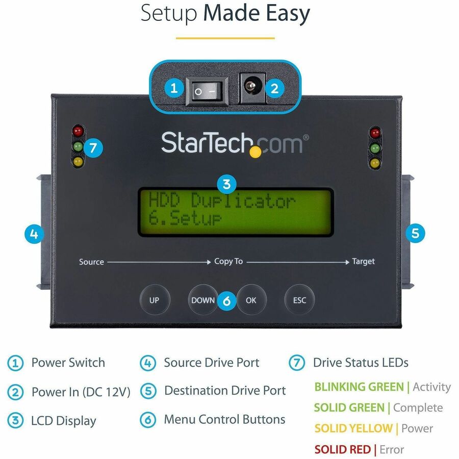 Alternate-Image3 Image for StarTech 1:1 Standalone Hard Drive Duplicator & Eraser, SATA HDD / SSD Disk Cloner / Copier / Wiper / Sanitizer, TAA Compliant