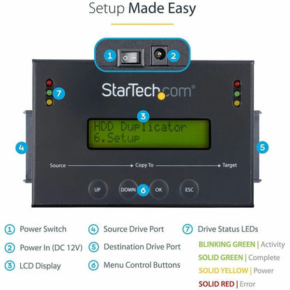 Alternate-Image3 Image for StarTech 1:1 Standalone Hard Drive Duplicator & Eraser, SATA HDD / SSD Disk Cloner / Copier / Wiper / Sanitizer, TAA Compliant