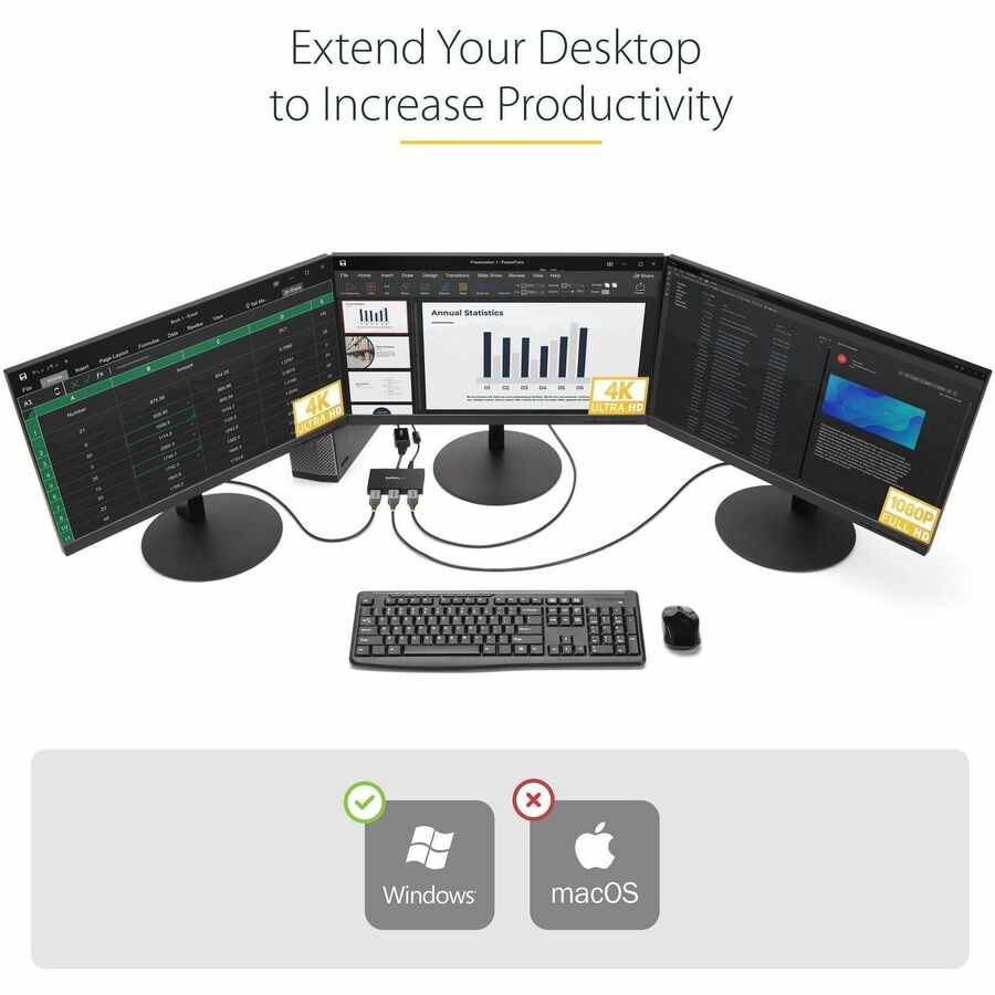 Alternate-Image1 Image for StarTech.com 3-Port DisplayPort 1.2 Splitter, DisplayPort to 3x DP Multi-Monitor Adapter, Dual 4K 30Hz and 1080p Computer MST Hub, Windows