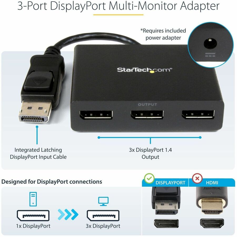 Alternate-Image2 Image for StarTech.com 3-Port DisplayPort 1.2 Splitter, DisplayPort to 3x DP Multi-Monitor Adapter, Dual 4K 30Hz and 1080p Computer MST Hub, Windows