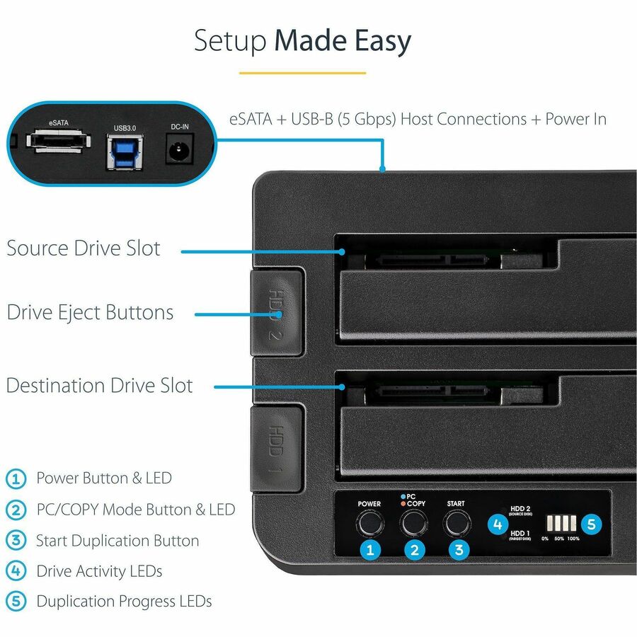 Alternate-Image3 Image for StarTech.com Dual Bay Hard Drive Duplicator Dock, Standalone HDD/SSD Cloner/Copier, USB 3.0 / eSATA to SATA III Hard Drive Cloner