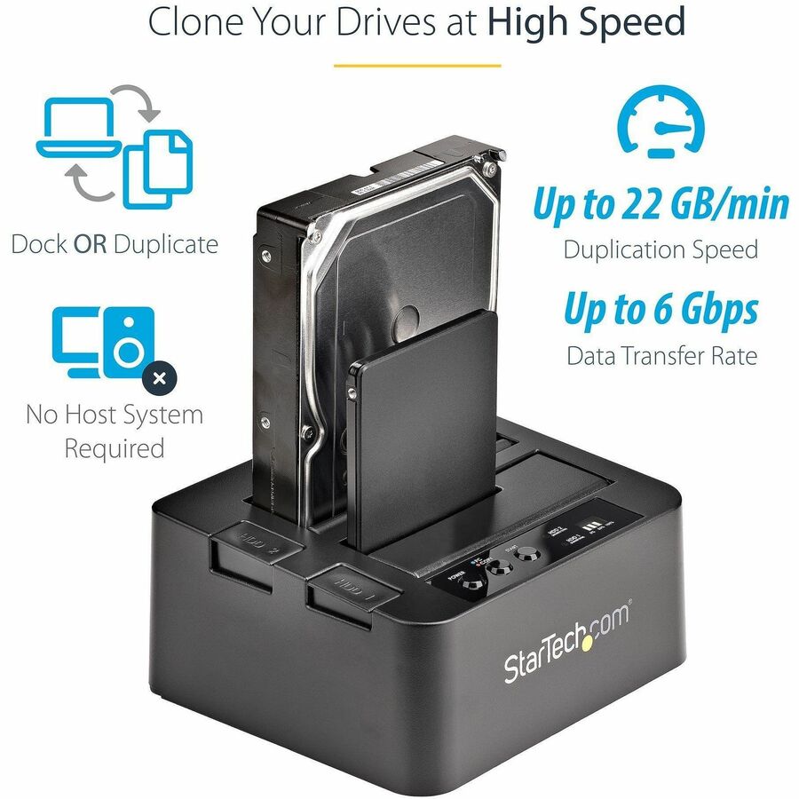 Alternate-Image1 Image for StarTech.com Dual Bay Hard Drive Duplicator Dock, Standalone HDD/SSD Cloner/Copier, USB 3.0 / eSATA to SATA III Hard Drive Cloner