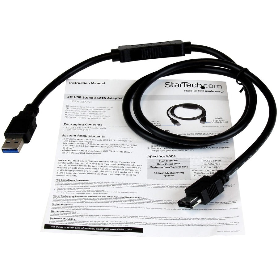 Alternate-Image7 Image for StarTech USB 3.0 to eSATA HDD / SSD / ODD Adapter Cable - 3ft eSATA Hard Drive to USB 3.0 Adapter Cable - SATA 6 Gbps
