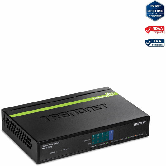Main Image for TRENDnet 5-Port Gigabit PoE+ Switch, 31 W PoE Budget, 10 Gbps Switching Capacity, Data & Power Through Ethernet To PoE Access Points And IP Cameras, Full & Half Duplex, Black, TPE-TG50g