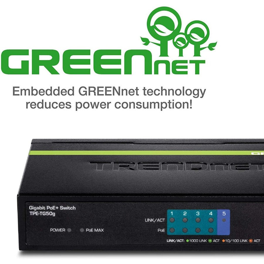 Alternate-Image5 Image for TRENDnet 5-Port Gigabit PoE+ Switch, 31 W PoE Budget, 10 Gbps Switching Capacity, Data & Power Through Ethernet To PoE Access Points And IP Cameras, Full & Half Duplex, Black, TPE-TG50g