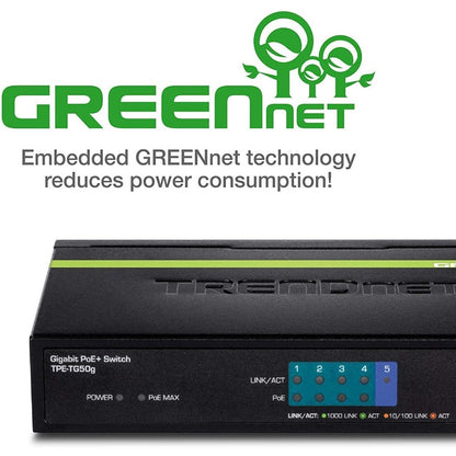 Alternate-Image5 Image for TRENDnet 5-Port Gigabit PoE+ Switch, 31 W PoE Budget, 10 Gbps Switching Capacity, Data & Power Through Ethernet To PoE Access Points And IP Cameras, Full & Half Duplex, Black, TPE-TG50g
