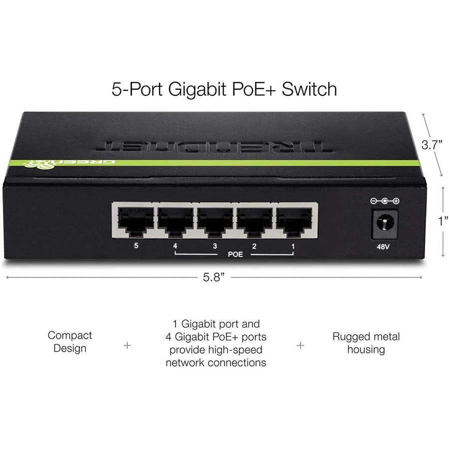 Alternate-Image6 Image for TRENDnet 5-Port Gigabit PoE+ Switch, 31 W PoE Budget, 10 Gbps Switching Capacity, Data & Power Through Ethernet To PoE Access Points And IP Cameras, Full & Half Duplex, Black, TPE-TG50g