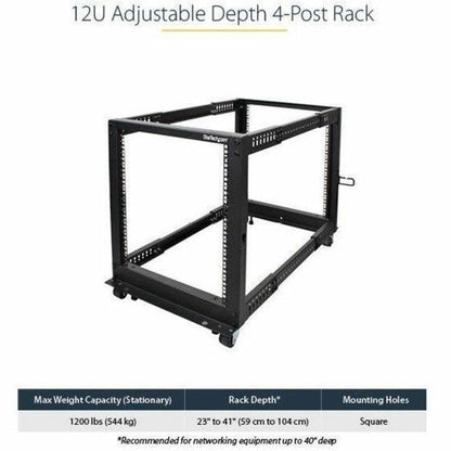 Alternate-Image2 Image for StarTech.com 4-Post 12U Mobile Open Frame Server Rack, 19" Network Rack with Casters, Rolling Rack for Computer/AV/Data/IT Equipment