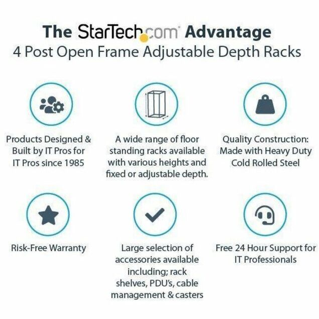 Alternate-Image1 Image for StarTech.com 4-Post 12U Mobile Open Frame Server Rack, 19" Network Rack with Casters, Rolling Rack for Computer/AV/Data/IT Equipment