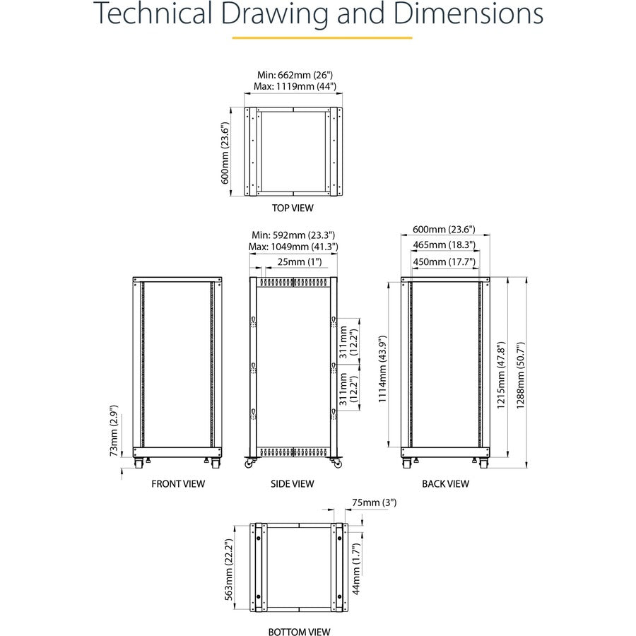 Alternate-Image6 Image for StarTech.com 4-Post 25U Mobile Open Frame Server Rack, 19in Network Rack with Casters, Rolling Rack for Computer/AV/Data/IT Equipment