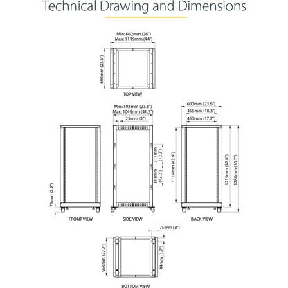 Alternate-Image6 Image for StarTech.com 4-Post 25U Mobile Open Frame Server Rack, 19in Network Rack with Casters, Rolling Rack for Computer/AV/Data/IT Equipment
