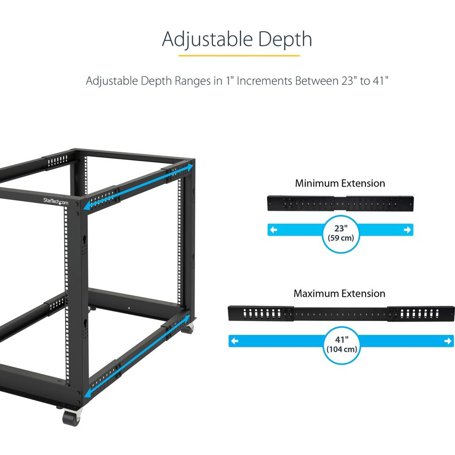Alternate-Image2 Image for StarTech.com 4-Post 25U Mobile Open Frame Server Rack, 19in Network Rack with Casters, Rolling Rack for Computer/AV/Data/IT Equipment