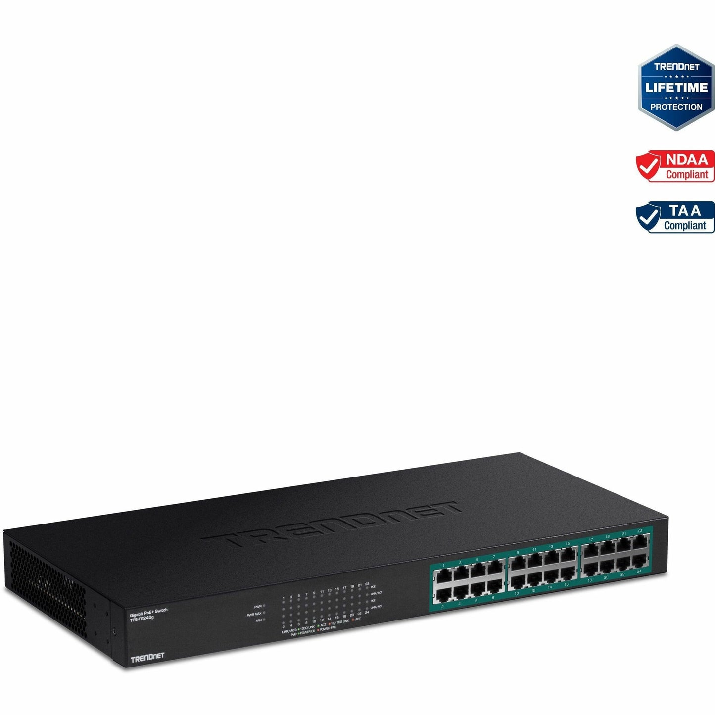 Main Image for TRENDnet 24-Port Gigabit PoE+ Switch, 24 x Gigabit PoE+ Ports, 370W Power Budget, 48Gbps Switch Capacity, RackMount Kit Included, Ethernet Network Switch, Metal, Lifetime Protection, Black, TPE-TG240G