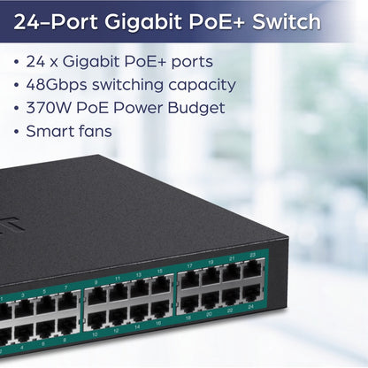 Alternate-Image3 Image for TRENDnet 24-Port Gigabit PoE+ Switch, 24 x Gigabit PoE+ Ports, 370W Power Budget, 48Gbps Switch Capacity, RackMount Kit Included, Ethernet Network Switch, Metal, Lifetime Protection, Black, TPE-TG240G