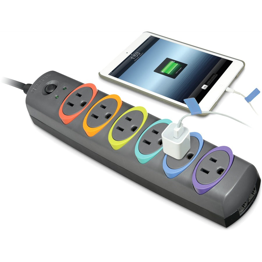 Alternate-Image1 Image for Kensington&reg; SmartSockets&reg; Surge Strip, 370 Joules, 6' Cord, 6 Power & 1 Phone Outlet, Color Coded