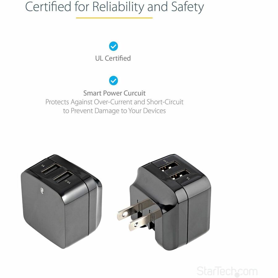 Alternate-Image4 Image for StarTech.com Travel USB Wall Charger - 2 Port - Black - Universal Travel Adapter - International Power Adapter - USB Charger