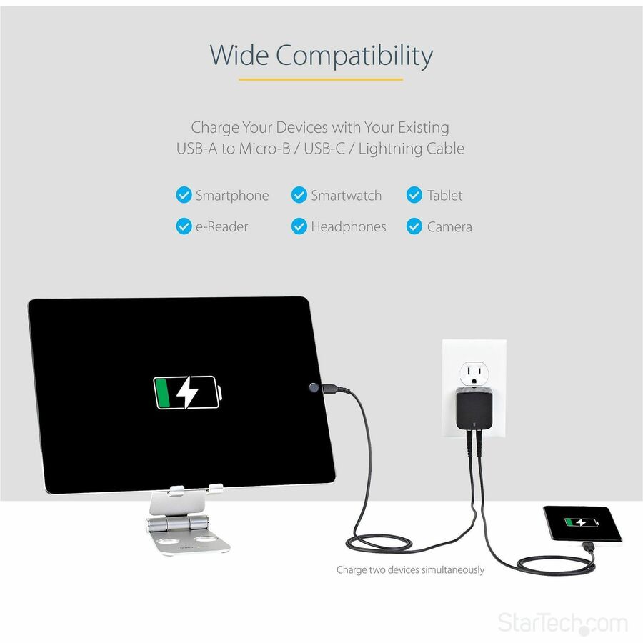 Alternate-Image3 Image for StarTech.com Travel USB Wall Charger - 2 Port - Black - Universal Travel Adapter - International Power Adapter - USB Charger