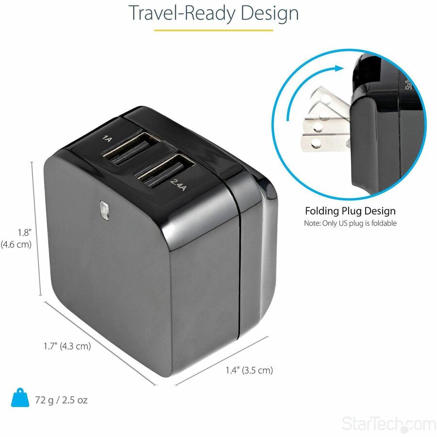 Alternate-Image2 Image for StarTech.com Travel USB Wall Charger - 2 Port - Black - Universal Travel Adapter - International Power Adapter - USB Charger