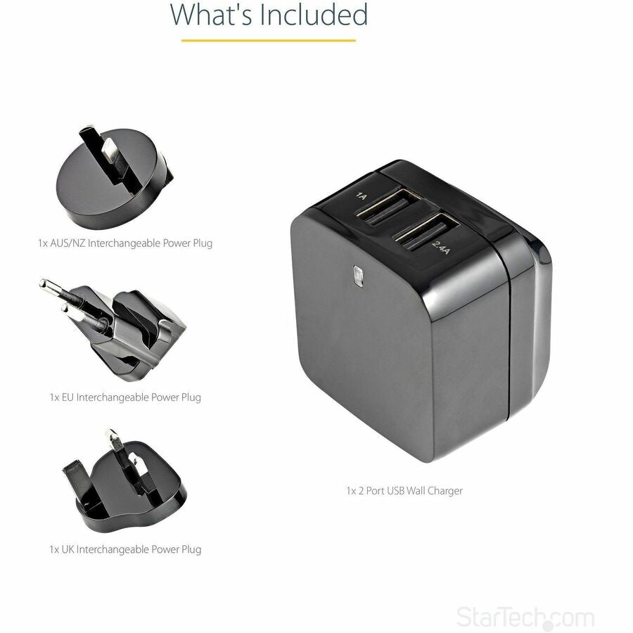 Alternate-Image5 Image for StarTech.com Travel USB Wall Charger - 2 Port - Black - Universal Travel Adapter - International Power Adapter - USB Charger