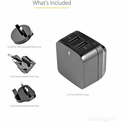 Alternate-Image5 Image for StarTech.com Travel USB Wall Charger - 2 Port - Black - Universal Travel Adapter - International Power Adapter - USB Charger