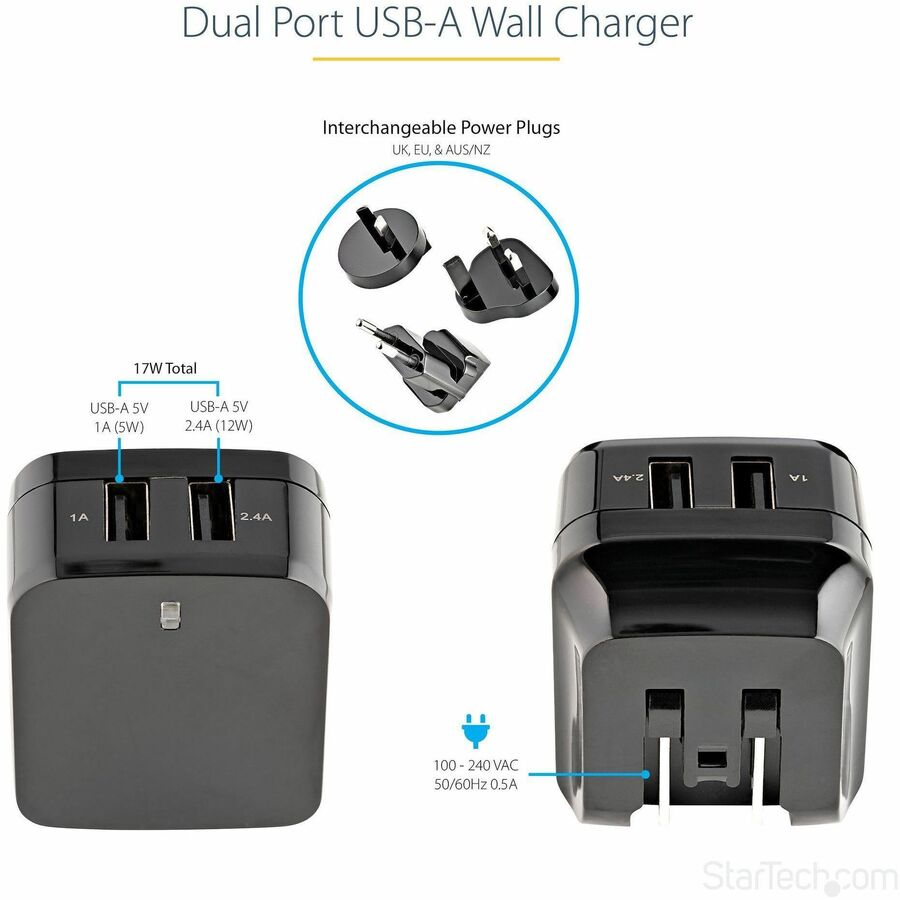 Alternate-Image1 Image for StarTech.com Travel USB Wall Charger - 2 Port - Black - Universal Travel Adapter - International Power Adapter - USB Charger
