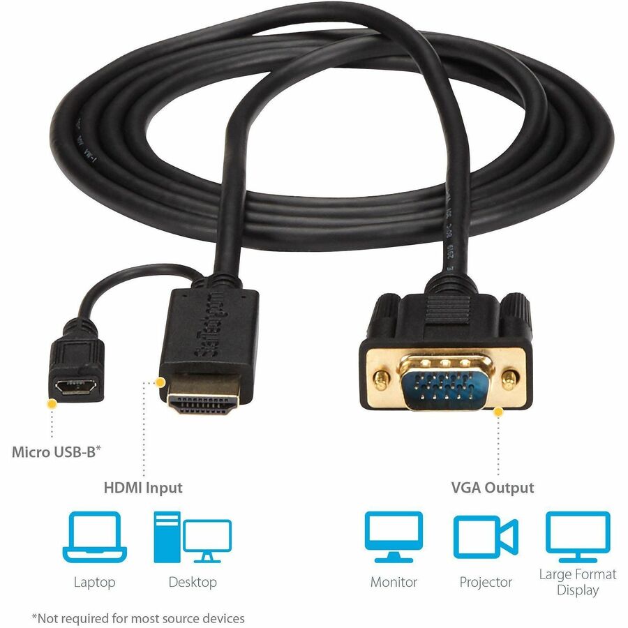 Alternate-Image4 Image for StarTech.com HDMI to VGA Cable - 6 ft / 2m - 1080p - 1920 x 1200 - Active HDMI Cable - Monitor Cable - Computer Cable