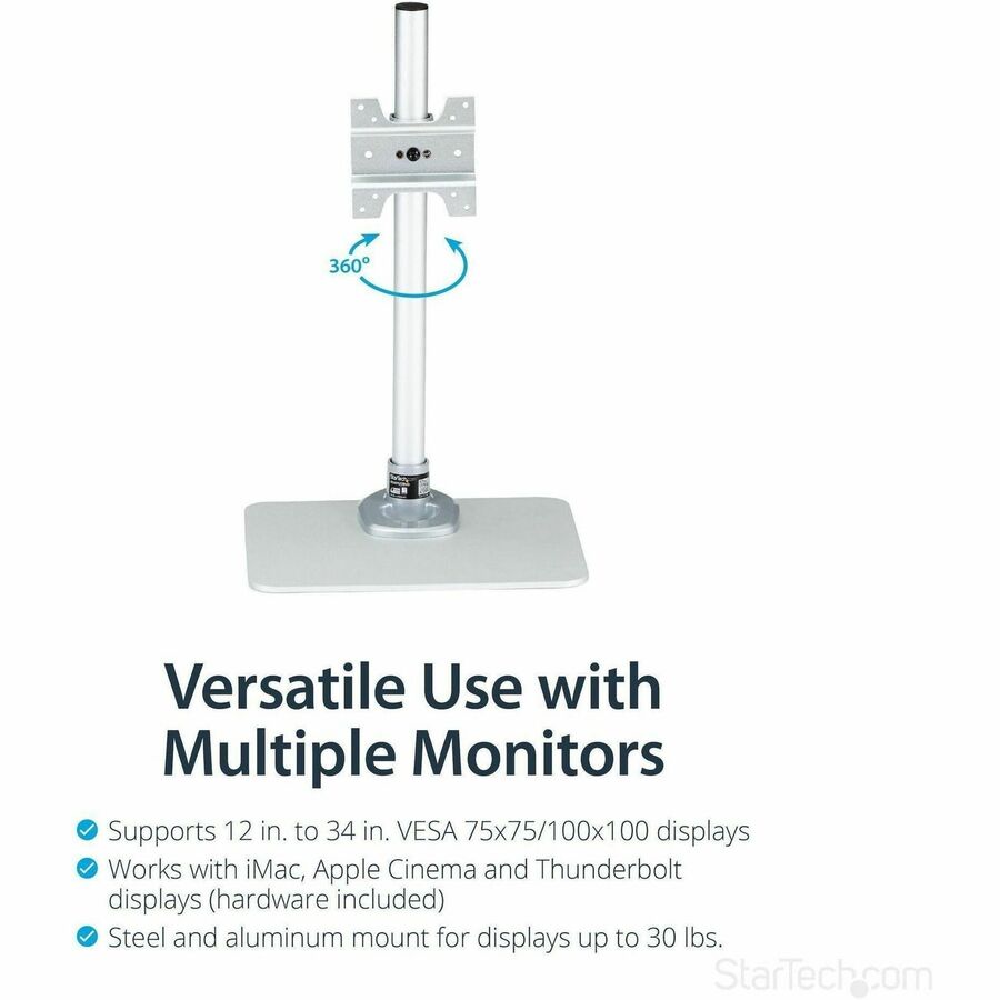 Alternate-Image2 Image for StarTech.com Single Monitor Stand, For up to 34" (30.9lb/14kg) VESA Mount Monitors, Works with iMac / Apple Cinema Displays, Steel, Silver