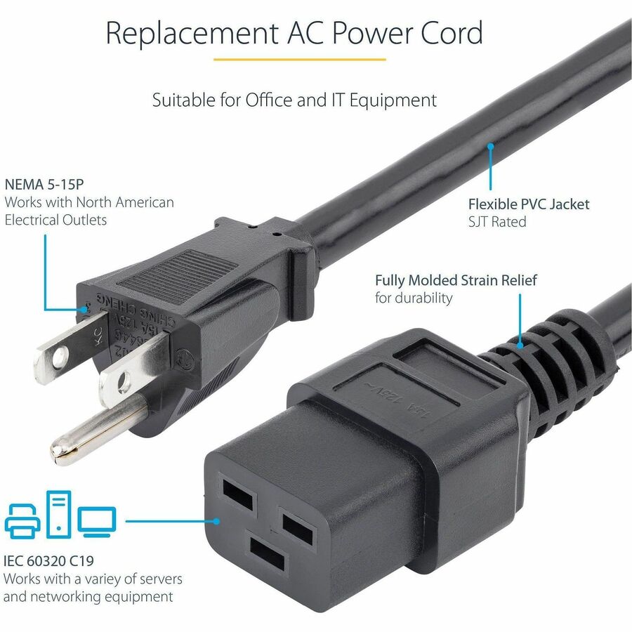 Alternate-Image2 Image for StarTech.com 6ft (1.8m) Heavy Duty Power Cord, NEMA 5-15P to C19, 15A 125V, 14AWG, Computer Power Cord, Heavy Gauge Power Cable