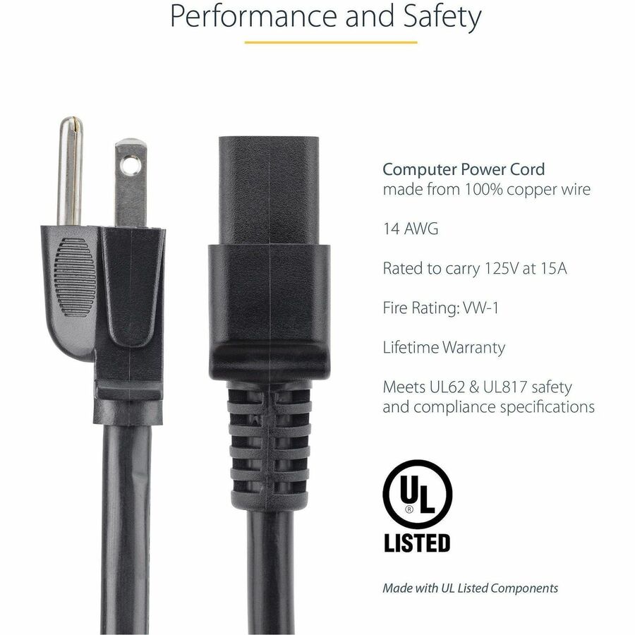 Alternate-Image1 Image for StarTech.com 6ft (1.8m) Heavy Duty Power Cord, NEMA 5-15P to C19, 15A 125V, 14AWG, Computer Power Cord, Heavy Gauge Power Cable