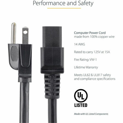 Alternate-Image1 Image for StarTech.com 6ft (1.8m) Heavy Duty Power Cord, NEMA 5-15P to C19, 15A 125V, 14AWG, Computer Power Cord, Heavy Gauge Power Cable