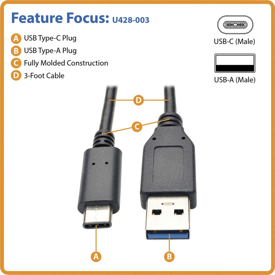 Alternate-Image1 Image for Eaton Tripp Lite Series USB-C to USB-A Cable (M/M), USB 3.2 Gen 1 (5 Gbps), Thunderbolt 3 Compatible, 3 ft. (0.91 m)