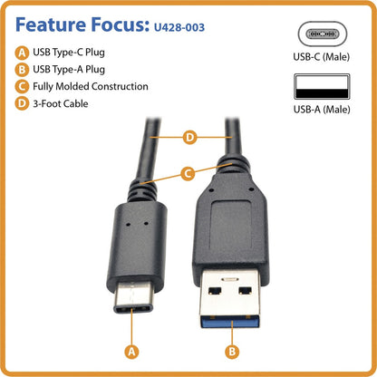 Alternate-Image1 Image for Eaton Tripp Lite Series USB-C to USB-A Cable (M/M), USB 3.2 Gen 1 (5 Gbps), Thunderbolt 3 Compatible, 3 ft. (0.91 m)