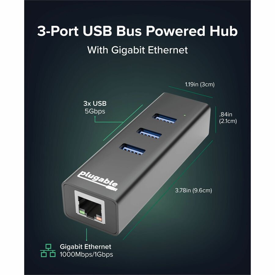 Alternate-Image1 Image for Plugable 3-Port USB 3.0 Hub with Gigabit Ethernet | Compatible with Windows, macOS, Linux, and ChromeOS