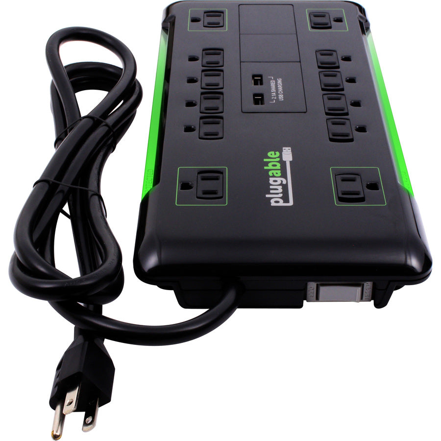 Alternate-Image1 Image for Plugable 12 Outlet Power Strip 4320 Joules Surge Protection, Built-in 10.5W 2-Port USB Charger for Android and Apple Phones, Mobile Devices, 6 Foot Cord