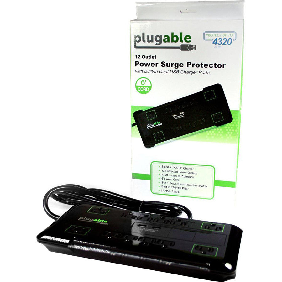Alternate-Image4 Image for Plugable 12 Outlet Power Strip 4320 Joules Surge Protection, Built-in 10.5W 2-Port USB Charger for Android and Apple Phones, Mobile Devices, 6 Foot Cord