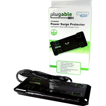 Alternate-Image4 Image for Plugable 12 Outlet Power Strip 4320 Joules Surge Protection, Built-in 10.5W 2-Port USB Charger for Android and Apple Phones, Mobile Devices, 6 Foot Cord