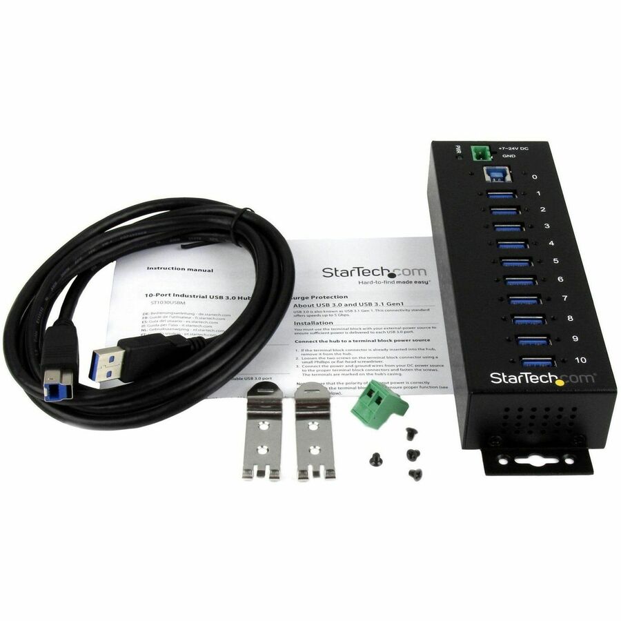 Alternate-Image2 Image for StarTech.com 10 Port Industrial USB 3.0 Hub - ESD and Surge Protection - DIN Rail or Surface-Mountable Metal Housing