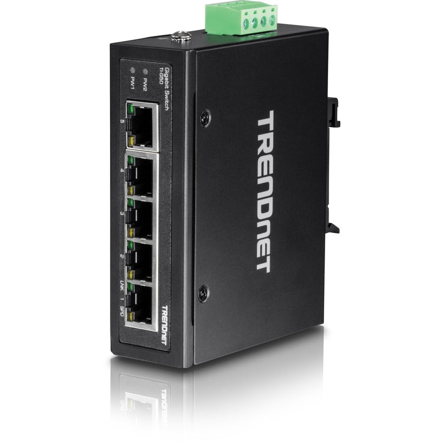 Alternate-Image2 Image for TRENDnet 5-Port Hardened Industrial Gigabit DIN-Rail Switch, TI-G50, 10 Gbps, IP50 Rated, Ethernet Splitter, NDAA & TAA Compliant, DIN-Rail and Wall Mounts Included, Lifetime Protection, Black