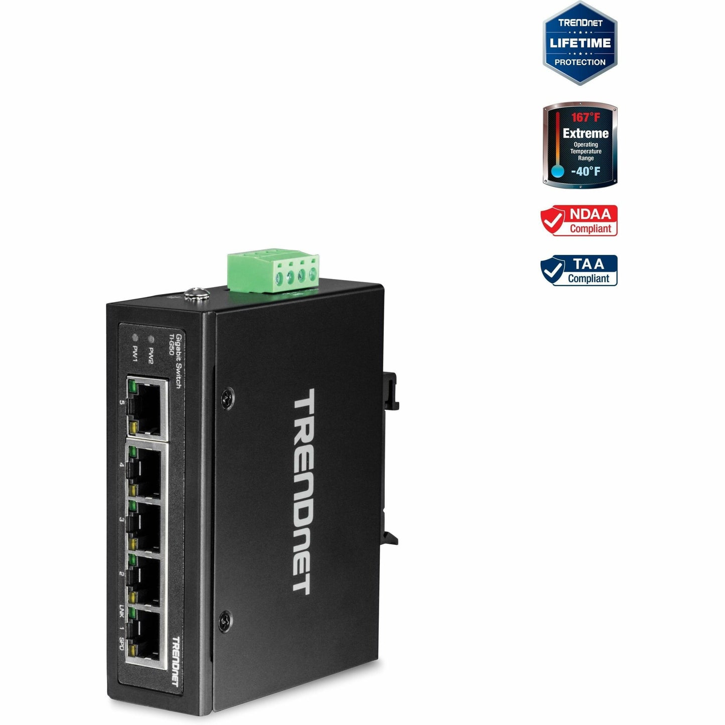 Main Image for TRENDnet 5-Port Hardened Industrial Gigabit DIN-Rail Switch, TI-G50, 10 Gbps, IP50 Rated, Ethernet Splitter, NDAA & TAA Compliant, DIN-Rail and Wall Mounts Included, Lifetime Protection, Black