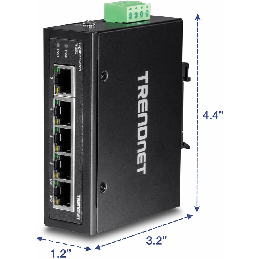 Alternate-Image5 Image for TRENDnet 5-Port Hardened Industrial Gigabit DIN-Rail Switch, TI-G50, 10 Gbps, IP50 Rated, Ethernet Splitter, NDAA & TAA Compliant, DIN-Rail and Wall Mounts Included, Lifetime Protection, Black