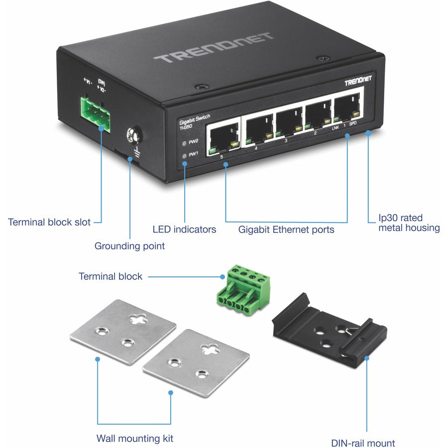 Alternate-Image4 Image for TRENDnet 5-Port Hardened Industrial Gigabit DIN-Rail Switch, TI-G50, 10 Gbps, IP50 Rated, Ethernet Splitter, NDAA & TAA Compliant, DIN-Rail and Wall Mounts Included, Lifetime Protection, Black