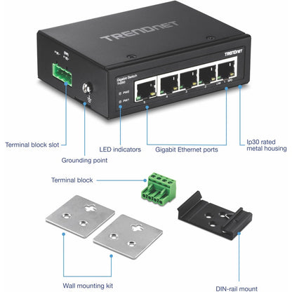 Alternate-Image4 Image for TRENDnet 5-Port Hardened Industrial Gigabit DIN-Rail Switch, TI-G50, 10 Gbps, IP50 Rated, Ethernet Splitter, NDAA & TAA Compliant, DIN-Rail and Wall Mounts Included, Lifetime Protection, Black