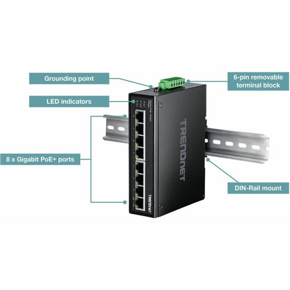 Alternate-Image5 Image for TRENDnet 8-Port Industrial Gigabit PoE+ DIN-Rail Switch, TI-PG80, 8 x Gigabit PoE+ Ports, 200W PoE Power Budget, 16Gbps Switching Capacity, NDAA TAA Compliant, Lifetime Protection