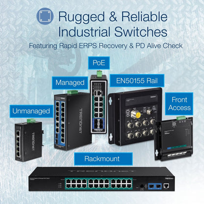 Alternate-Image2 Image for TRENDnet 8-Port Industrial Gigabit PoE+ DIN-Rail Switch, TI-PG80, 8 x Gigabit PoE+ Ports, 200W PoE Power Budget, 16Gbps Switching Capacity, NDAA TAA Compliant, Lifetime Protection