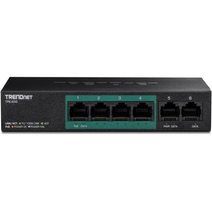 Alternate-Image1 Image for TRENDnet 6-Port Fast Ethernet PoE+ Switch, 4 x Fast Ethernet PoE Ports, 2 x Fast Ethernet Ports, 60W PoE Budget, 1.2 Gbps Switch Capacity, Metal, Limited Lifetime Protection, Black, TPE-S50