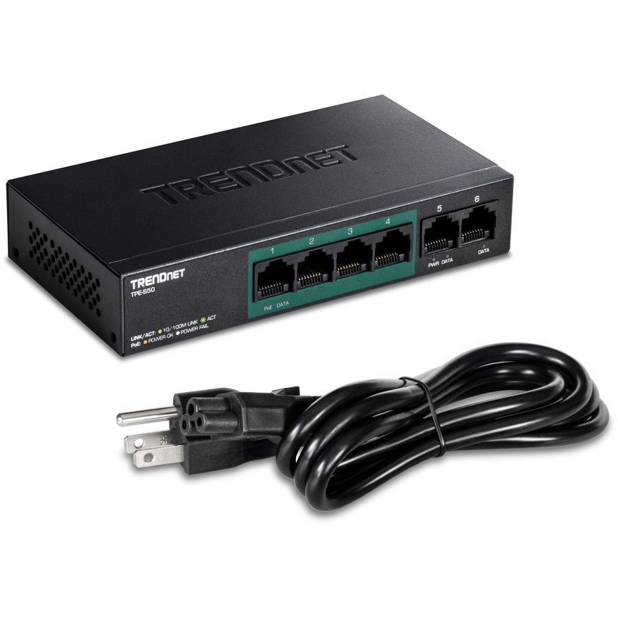 Alternate-Image3 Image for TRENDnet 6-Port Fast Ethernet PoE+ Switch, 4 x Fast Ethernet PoE Ports, 2 x Fast Ethernet Ports, 60W PoE Budget, 1.2 Gbps Switch Capacity, Metal, Limited Lifetime Protection, Black, TPE-S50