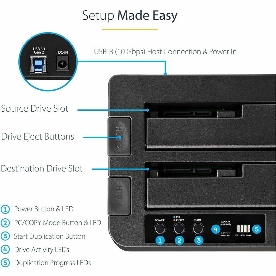 Alternate-Image3 Image for StarTech.com Standalone Hard Drive Duplicator, External Dual Bay HDD/SSD Cloner/Copier, USB 3.1 to SATA Drive Docking Station, Disk Cloner