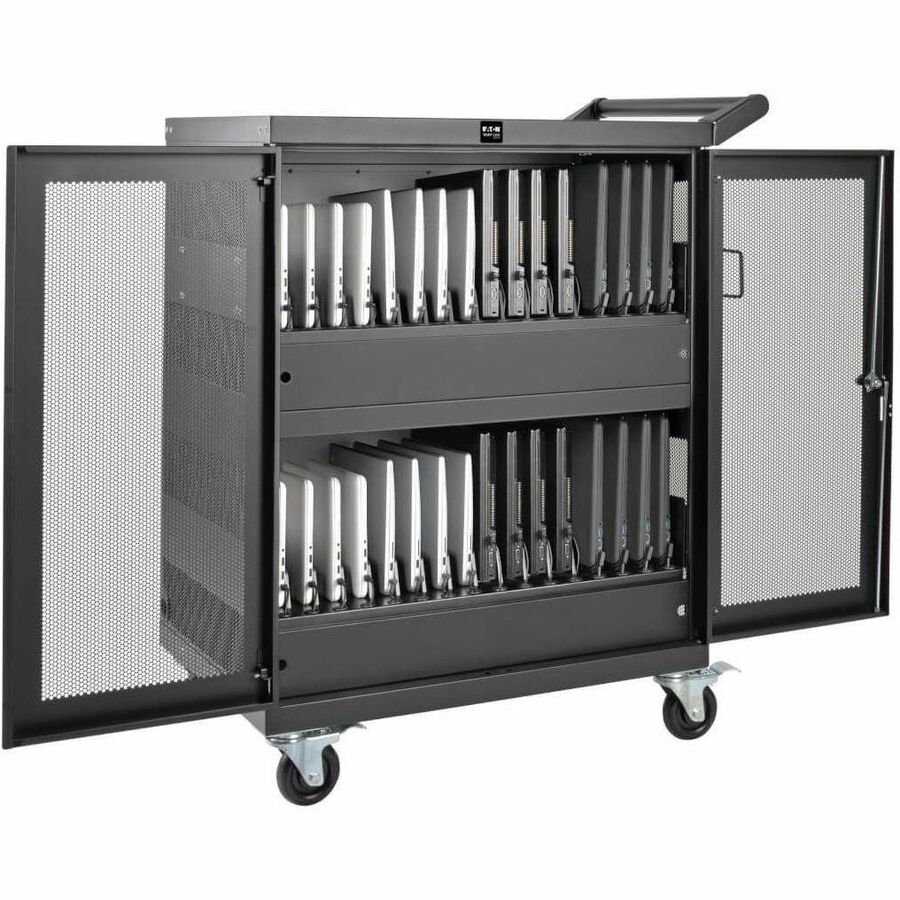 Alternate-Image1 Image for Eaton Tripp Lite Series Multi-Device Charging Cart, 32 AC Outlets, Chromebooks and Laptops, Wall-Mount Option, Black