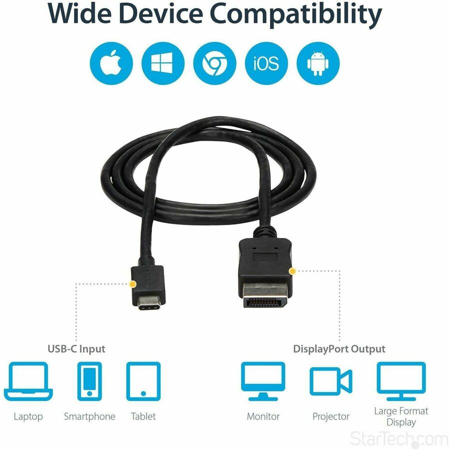Alternate-Image4 Image for StarTech.com 3ft/1m USB C to DisplayPort 1.2 Cable 4K 60Hz - USB Type-C to DP Video Adapter Monitor Cable HBR2 - TB3 Compatible - Black